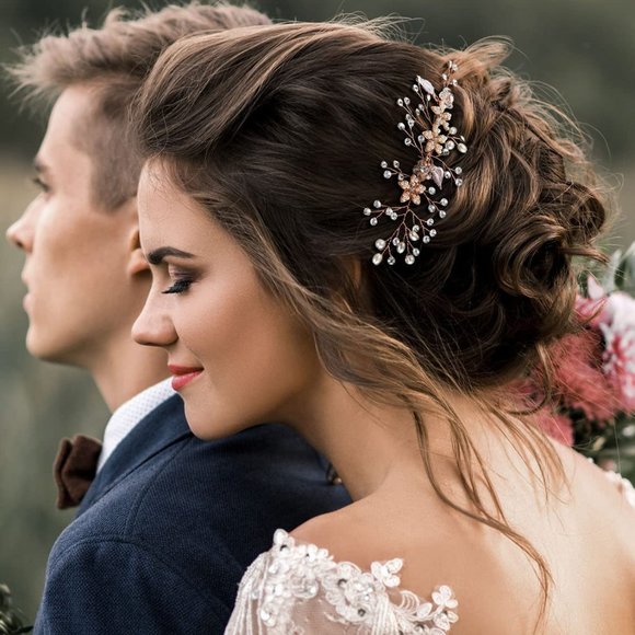 SWEETV Rose Gold Bridal Hair Comb Clip - Rhinestone Wedding Hair Accessories - Picture 1 of 8